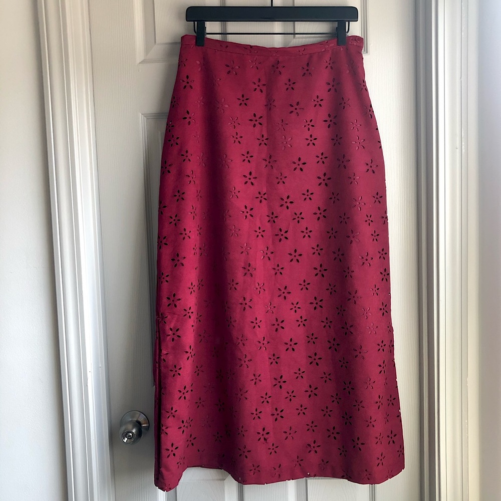 Coldwater Creek Red Suede Maxi Skirt Floral